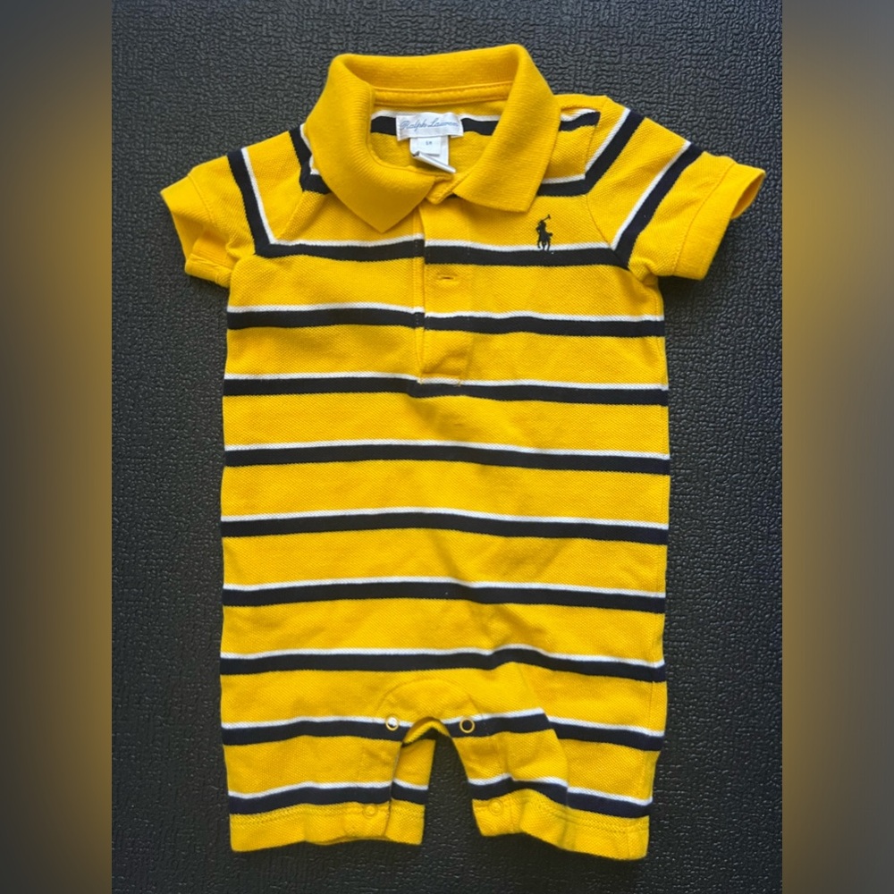 New without tags, RL polo onesie 6M yellow with navy and white stripes
